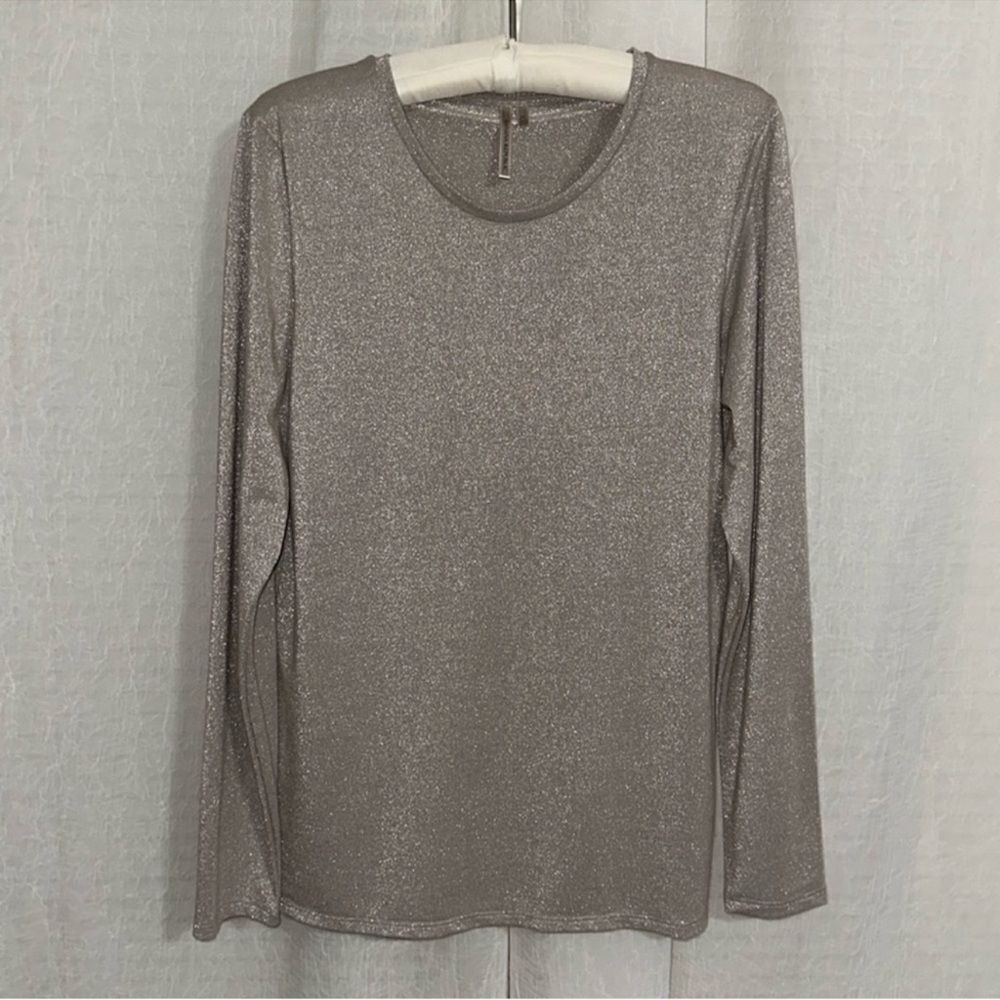 BR M Tan Metallic Long Sleeve Lightweight Knit Modal Blend Crew Top